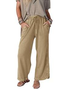Women's Wide Leg Sweatpants,High Waist Casual Pants With Drawstring Pocket,Baggy Lounge Trousers For Comfort Wear - 卡其色 - 查看 3