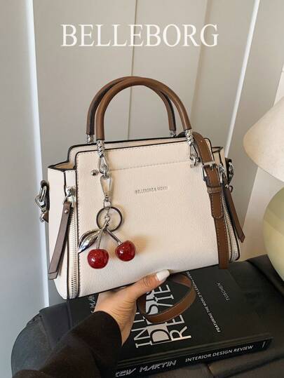 BELLEBORG Lychee Texture Zipper Decor Women Handbag With Pendant