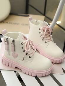 1 Pair White Infant/Toddler Children's Military Boots, Solid Color, Soft Matte Fabric, Inside Zipper, Front Lace-Up Design, Round Toe, Warm, Thick Sole, Wear-Resistant, British Style Classic Short Boots, Suitable For Boys/Girls, Students, Casual, Holiday, Party, Autumn/Winter New