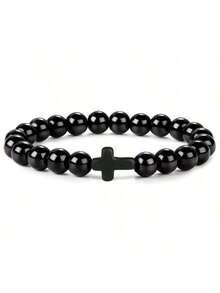 1pc Stone Beaded Cross Elastic Bracelet - Black - View 3