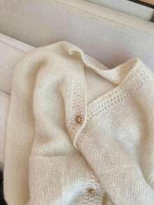 Casual Mohair Solid Color Knit Front Button Hollow Long Sleeve Sweater, Suitable For Everyday And Dates In Spring/Autumn - Apricot - View 3