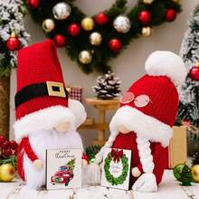 2pcs Christmas Decorations - Knitted Pom Pom Hat, Wooden Plaque Reindeer Figurine - Multicolor - View 6