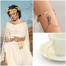 5-Piece Greek Goddess Costume And Accessory Set, Including A Golden Laurel Leaf Headpiece, Tassel Waist Chain, Leaf-Shaped Necklace, Hollowed-Out Golden Leaf Earrings And Armbands. An Elegant Gift For Myth Lovers, Suitable For Female Party Brides' Weddings, Halloween Medusa Role-Playing, Bride Photo Shoots, And Bohemian-Style Weddings - Multicolor - View 4