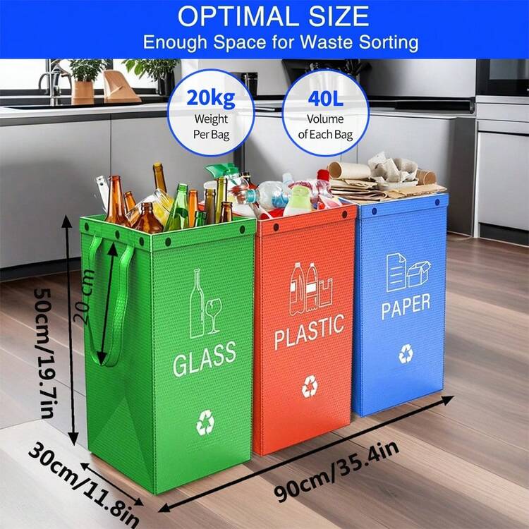 1pc Color Printed 3-In-1 Trash Bags - Foldable Polypropylene Storage Bags ,Separate Recycling Waste Bin Bags For Kitchen Home Hotels And Property Management,Waste Trash Sorting Organizer, Reusable Waterproof - Multicolor - View 2