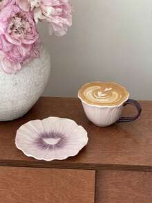 1pc Vintage Dreamy Purple Hibiscus Ceramic Coffee Cup & Saucer, Hand-Painted Underglaze Latte Mug, Gift For Afternoon Tea