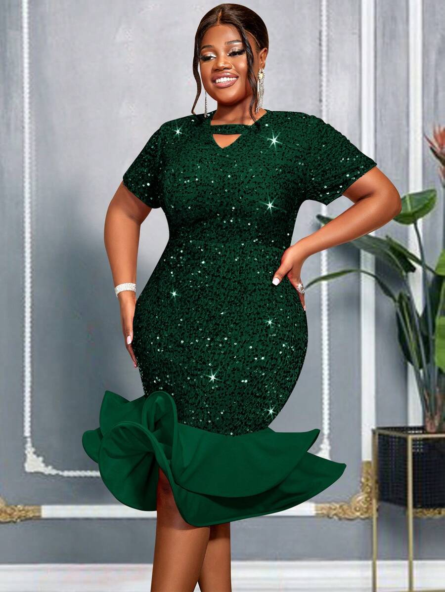 AOMEI Plus Size Sequin Mermaid Ruffle Hem Gorgeous Festival Party Dress Short Sleeve Wedding Guest Outfits