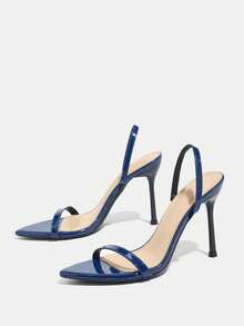Women's High Heel Sandals, Elegant Minimalist Design With Mirrored Fabric, Fashionable Strap, Pointed Toe, Slim High Heel, Suitable For Party, Nightclub, Runway, Outdoor, Dating, High-End Shiny Mirrored Delicate Skin-Friendly Fabric Leading The , Sophisticated High-End Chic Deep Blue High Heel Sandals - Dark Blue - View 5