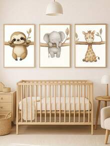 3 Peças Impressões de Arte de Animais Preguiça, Elefante, Girafa Pôster Decoração de Parede para Berçário, Quarto de Criança, Quarto Infantil Sem Moldura - Caqui - Visão 3
