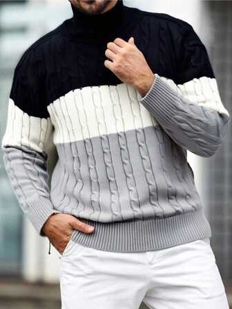 1pc Men's Colorblock Sweater, Versatile Casual Streetwear For Daily Commute, Workout, Running, Outdoor, Minimalist Fashion, Loose Fit, Autumn/Winter