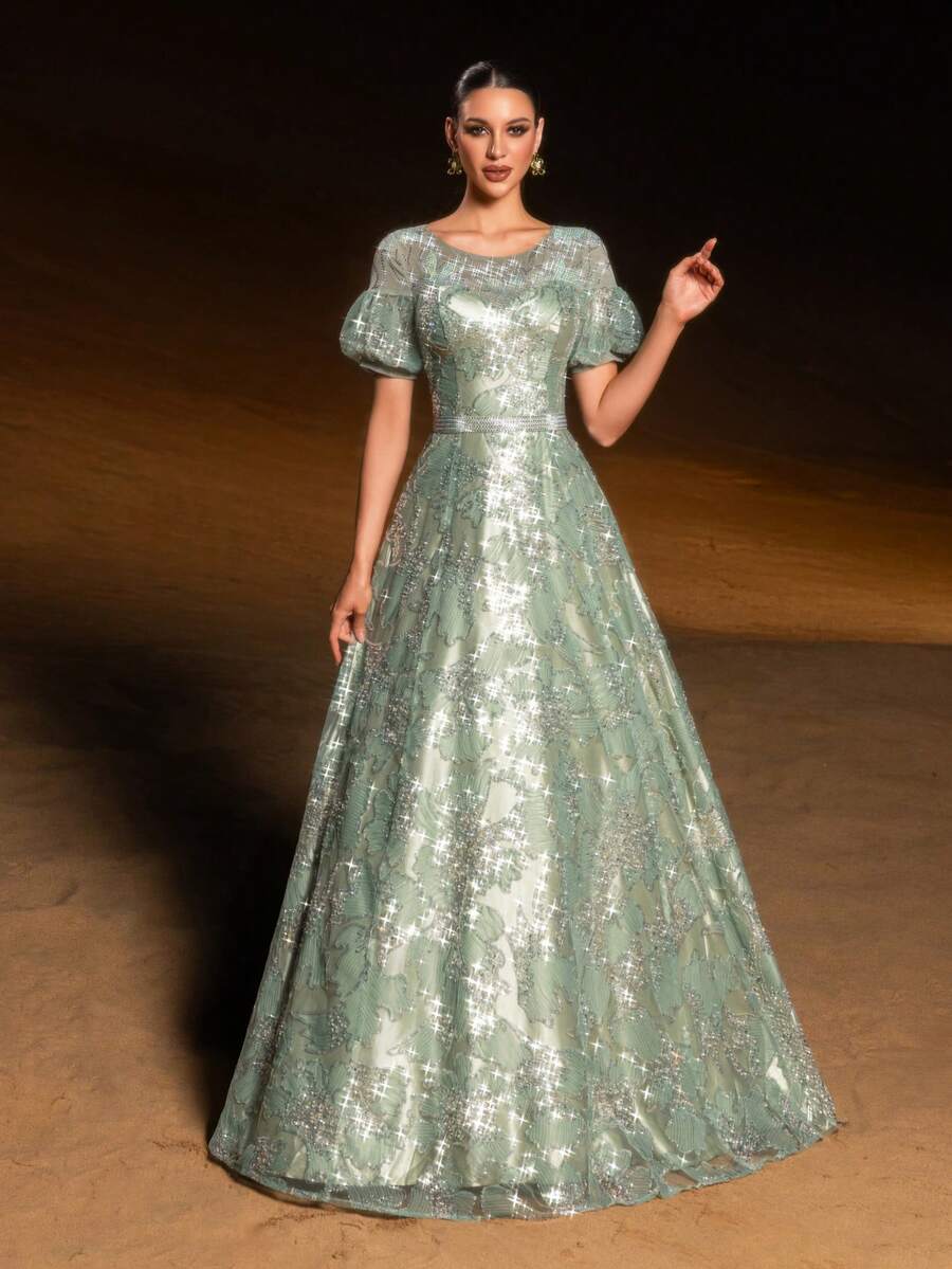 GIFORU Luxury Pastel Green Floral Sequin Gown - Puffed Sleeves A-Line Evening Dress With V Back & Crystal Embroidery For Art Gallery Openings, Vienna Balls And Luxury Galas Wedding Prom Dress Wedding Dresses For Bride Formal Dresses For Women White Dress New Year Elegant Dresses For Party Elegant Long Graduation Dress Sparkly Dress - Cỏ xanh - Xem 1