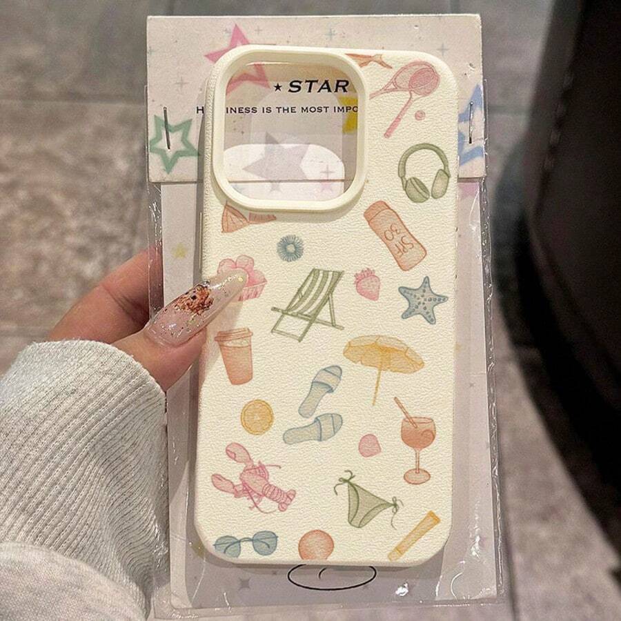 1pc TPU Material Cute Summer Beach Vacation Element Pattern Phone Case Compatible With Iphone/Compatible With Samsung Redmi - White - View 1