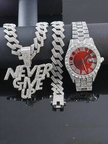 1 套 Bling Bling“永不放弃”吊坠项链、链、手链、男士手表、经典配饰,馈赠亲朋好友的绝佳礼物 - 紅色 - 查看 21