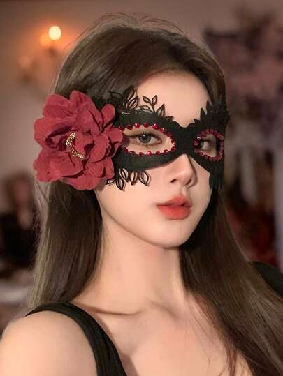 1 件万圣节服装派对面具，彩色黑红玫瑰蕾丝兔子蜘蛛网耳罩面罩，摄影道具，哥特式蕾丝面具，性感内衣配饰