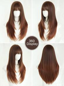 7JHH WIGS 24 Inch Elegant Caramel Brown Long Straight Wig With Bangs, Soft Heat-Resistant Fiber, Full Lace Front Synthetic Layered Wig, Suitable For Daily Wear, Music Festivals, Graduation Gifts, And Mother's Day Gifts - Reddish Brown - Xem 4