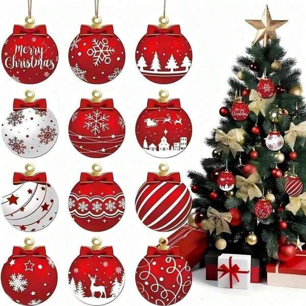 12pcs Elegant Wooden Christmas Ornaments Set - 12Pcs Flat Christmas Hanging Ornaments, 4 Inches Wood Red Xmas Tree Decor Perfect For Tree, Garden & Party Decorations Winter New Year Decors Home Party Supplies(Random Style Delivery)