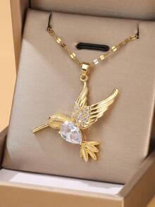 1pc Fashionable & Elegant Copper Material Handmade Cubic Zirconia Inlaid Gold-Plated Hummingbird Necklace, Women's Daily Commute Essential, Best Jewelry Gift For Friends