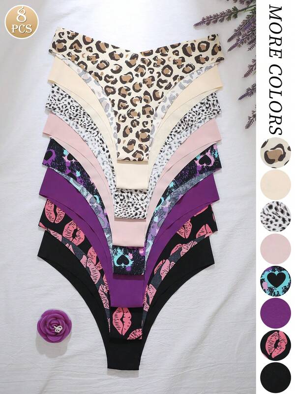 8 unidades/pacote - Calcinhas femininas sem costura, macias, confortáveis, de cor sólida e estampadas, respiráveis