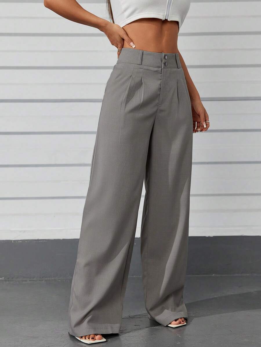 Women's Casual High Waist Wide Leg Pants With Pockets - 灰色 - 查看 1
