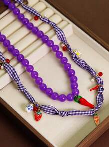 1pc Women's Red Plastic Fruit Necklace Set, Suitable For Daily Wear