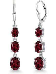 Gem Stone King 3-Stone Leverback Drop Dangle Earrings Women |   925 Sterling Silver |   Gemstone Birthstone |   Oval 8X6MM 7X5MM And 6X4MM |   Fine Jewelry Gifts Her Mom Women Wife - 紅榴石 - 查看 1