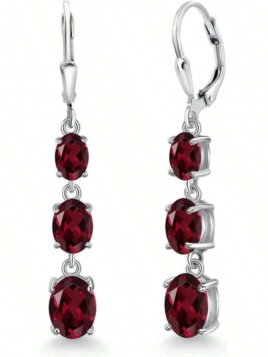 Gem Stone King 3-Stone Leverback Drop Dangle Earrings Women | 925 Sterling Silver | Gemstone Birthstone | Oval 8X6MM 7X5MM And 6X4MM | Fine Jewelry Gifts Her Mom Women Wife - 紅榴石 - 查看 1