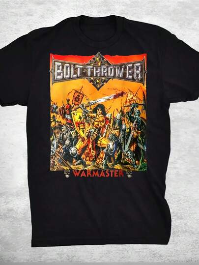 Camiseta gráfica Warmaster de Die Bolt Thrower - Camiseta de banda de heavy metal con Bolt Thrower y texto de Warmaster, diseño de guerreros blindados en naranja y rojo, camiseta de cuello redondo para hombres para conciertos, cosplay, atuendo casual - Regalo ideal para fanáticos del metal y jugadores de RPG de mesa, camisetas de banda de rock, ropa casual, camiseta de impresión en negrita, impresión de alta calidad, TALLA GRANDE