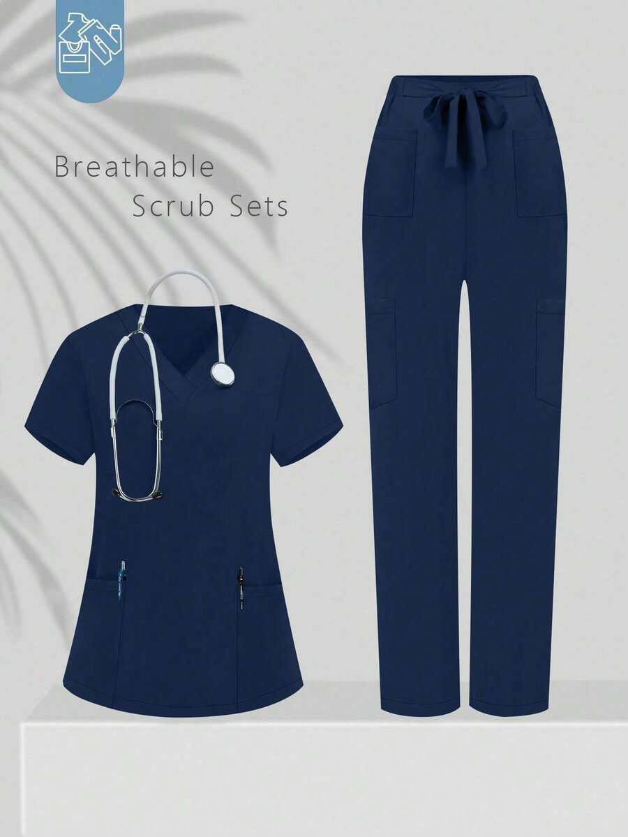V-Neck Solid Color Pocket Short Sleeve Top And Pants Uniform Set Spring - Navy Blue - View 1