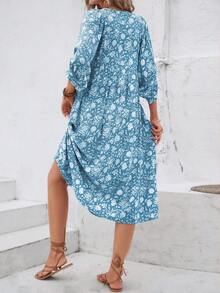 Floral Print Lantern Sleeve Smock Dress - Baby Blue - View 2