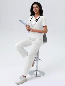 V-Neck Solid Color Pocket Short Sleeve Top And Pants Scrub Set Spring White - White - View 7