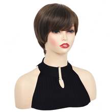 Synthetic Short Pixie Cut Straight Brown Wig With Side Bangs For Women Daily Party Cosplay Fake Hair Heat Resistant