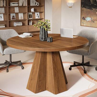 Tribesigns Round Conference Table, Small Meeting Table With Thickened Tabletop And Tapered Base, For Conference Room, Meeting Room, Small Space (Walnut Brown)