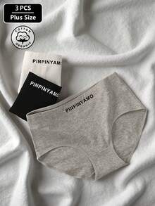 3 Peças Conjunto Plus Size Calcinhas Triângulo Respiráveis com Estampa de Letras e Levantamento