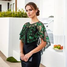 1 Stück Eleganter Vintage Damen Schal aus den 1920ern mit Pailletten, Pailletten- & Perlen-besetzter Retro Kurzblazer, bestickter Spitzenrand Schalkragen, Streetstyle Outfit, Pailletten Top für Nachtclubs, Bühnenkostüm, modisches Party- & Abendkleid Accessoire