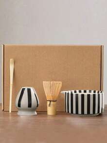 1pc/2pcs/3pcs/4pcs Black Striped Japanese Matcha Tea Set, Includes Matcha Bowl, Matcha Whisk, Matcha Cup, Stirrer, Tea Scoop, Tea Bowl Set, Matcha Preparation, Dessert & Beverage Making Tools, Japanese Gift Box, Songdai Matcha Whisking Set, Gift For Matcha Lovers - Multicolor - View 4