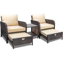 Balcony Furniture 5 Piece Patio Conversation Set, PE Wicker Rattan Outdoor Lounge Chairs With Soft Cushions 2 Ottoman&Glass Table For Porch, Lawn-Brown Wicker - 灰色/淺薄荷色 - 查看 9