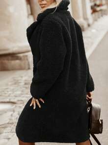 Áo khoác nỉ dài tay cổ bẻ dáng thường ngày dành cho nữ, màu đen thu đông. - màu đen - Xem 5