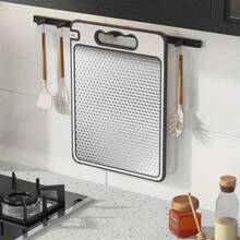 1pc Double-Sided Stainless Steel Cutting Board, Diamond Textured Non-Slip Kitchen Chopping Board, Anti-Scratch Design With Juice Groove, Durable For Meat, Vegetables, Fruits