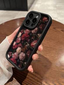 1pc Black Floral Pattern Full Coverage TPU Shockproof Phone Case Compatible With IPhone 16, 15, 14, 13, 12, 11 Pro Max, Series - Multicolor - View 3