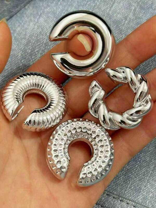 4pcs Hip Hop Style Geometric Twist Pleated Tubular Ear Cuffs Without Piercing