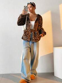Leopard Print Fluffy Hooded Cardigan, Zip-Up Warm Women Jacket With Pockets, Autumn/Winter - Khaki - View 8