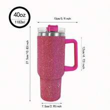 40oz Tumbler With Handle & Straw Lid, Studded Bling Design, Stainless Steel Double Wall Vacuum Insulated, Travel Mug Water Bottle, Fits Cup Holder - 黑色 - 查看 2