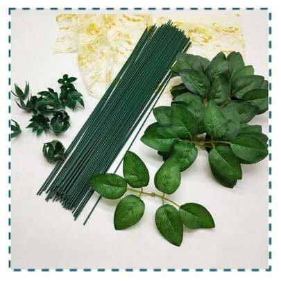 100支绿色花茎，DIY花艺材料，防水铁丝花茎，适用于复活节装饰、母亲节、圣诞节、情人节、婚礼花束DIY工艺品和插花配件