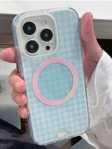 Ốp lưng điện thoại sạc không dây từ tính mềm họa tiết lưới đôi đơn giản tương thích với iPhone 16 15 14 13 Pro Max bảo vệ chống sốc - Kẻ sọc xanh nhạt - Xem 2