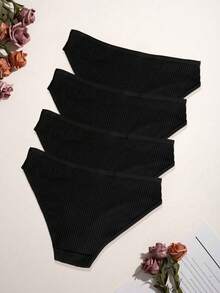 4pcs Women's Solid Color Comfortable Briefs - Black - View 3