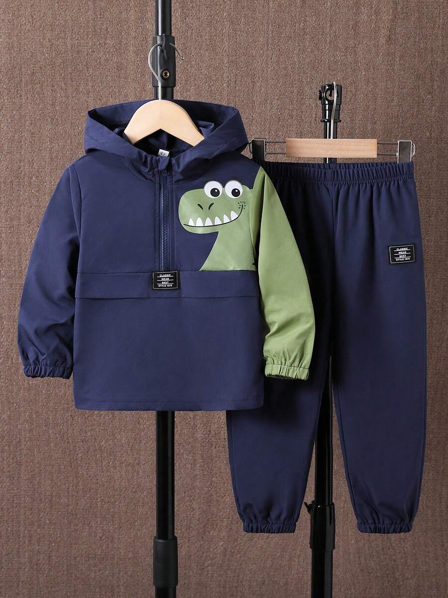 2pcs/Set Young Boy Casual Dinosaur Print Zip-Up Hoodie Sweatshirt And Pants Set, Suitable For Leisure, Sports, Daily Wear, Outdoor, School, Spring/Autumn
