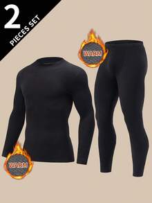 2 peças Camiseta de Manga Longa Gola Careca Masculina + Calça, Camiseta Térmica Casual Quente e Calça Inferior de Fleece para Outono/Inverno