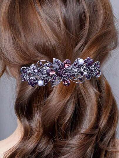 1个女士多色花卉合金水钻爪夹，复古弹簧夹，适合日常佩戴，爪夹，发夹，发卡，发夹，发饰，法式夹，派对造型，头部饰品，花朵发夹，发卡