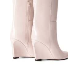 Women's Wedge Heel Knee High Boots Pointed Toe Side Zip Tall Boots Solid Color Retro Fashion Y2k Boots For Autumn/Winter - 米色 - 查看 4
