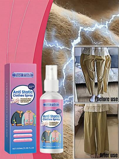 JUE FISH 防静电织物喷雾，柔软舒适，减少皱纹，柔顺织物护理。防静电喷雾，柔软舒适，减少皱纹，柔顺织物护理。防静电抗皱喷雾，柔软舒适，消除皱纹和静电，保持衣物清新。防静电直发织物喷雾，柔软顺滑织物，消除静电。防静电喷雾