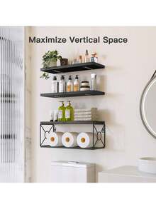 Bathroom Floating Shelves For Wall Mounted Shelf Over Toilet Farmhouse Home Decor Display Shelving Small 16 Inch. - 黑色 - 查看 5